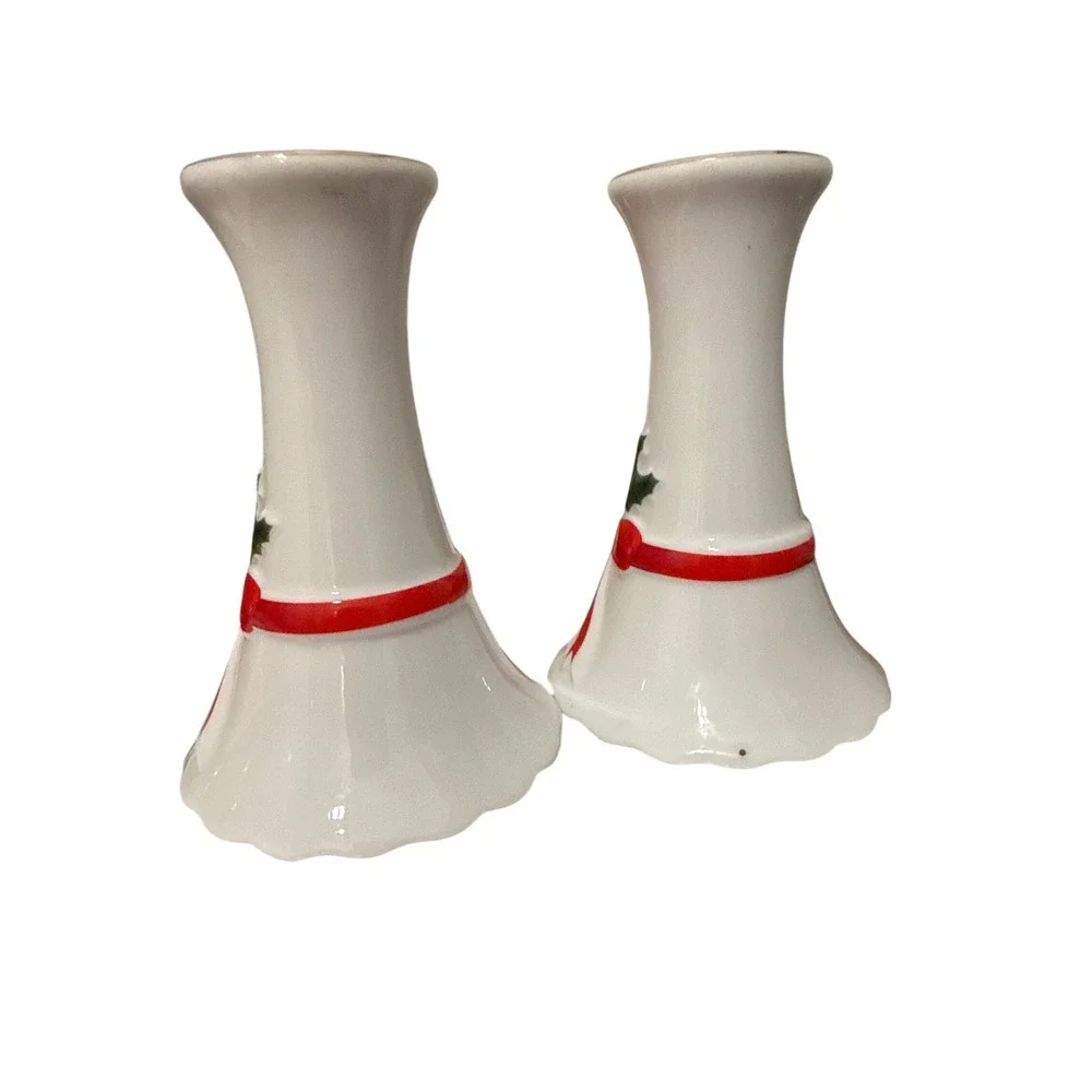 Mount Clemens‎ Pottery Christmas Candlesticks Holly Ribbon Pair Japan